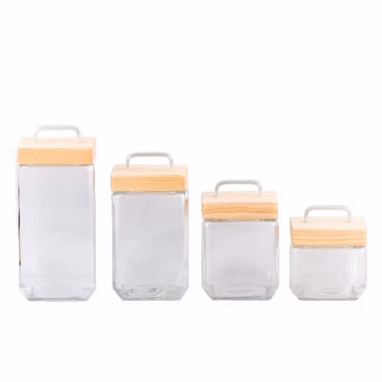 Frasco de vidrio cuadrado/frasco de almacenamiento de vidrio/recipiente de vidrio para alimentos/cristalería/botella de vidrio con tapa de madera cuadrada