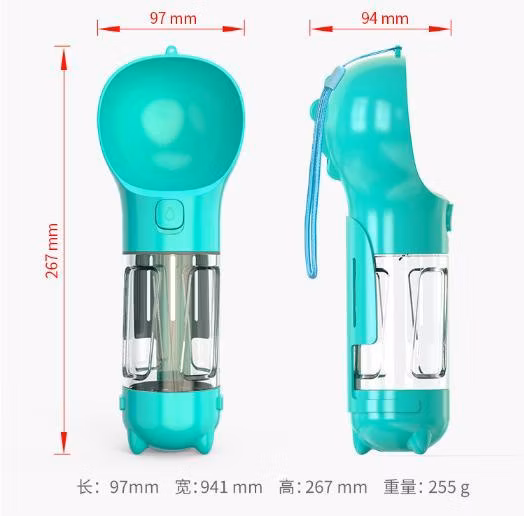Venta al por mayor, botella de agua portátil para perros, comida 3 en 1, alimentador de agua de viaje para mascotas, tazón de agua de viaje para perros, logotipo personalizado, accesorios para mascotas