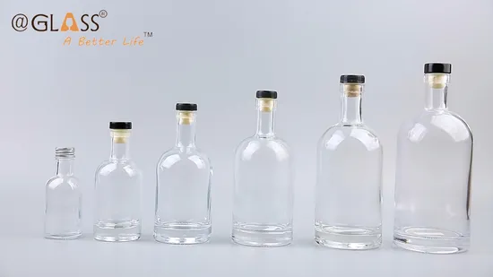 Venta al por mayor 100ml/200ml/375ml/500ml/700ml/750ml/1L botella de licor de vidrio botellas de vidrio vacías redondas nórdicas con corcho de madera